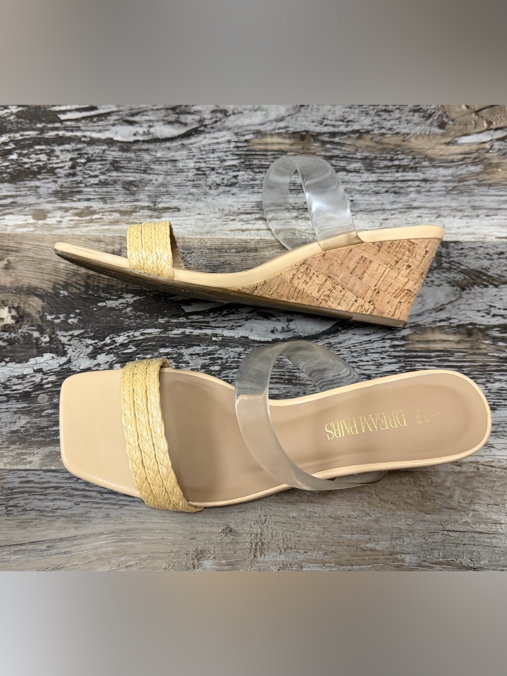 Beige and Natural Wedge Slide Sandals with Clear Strap